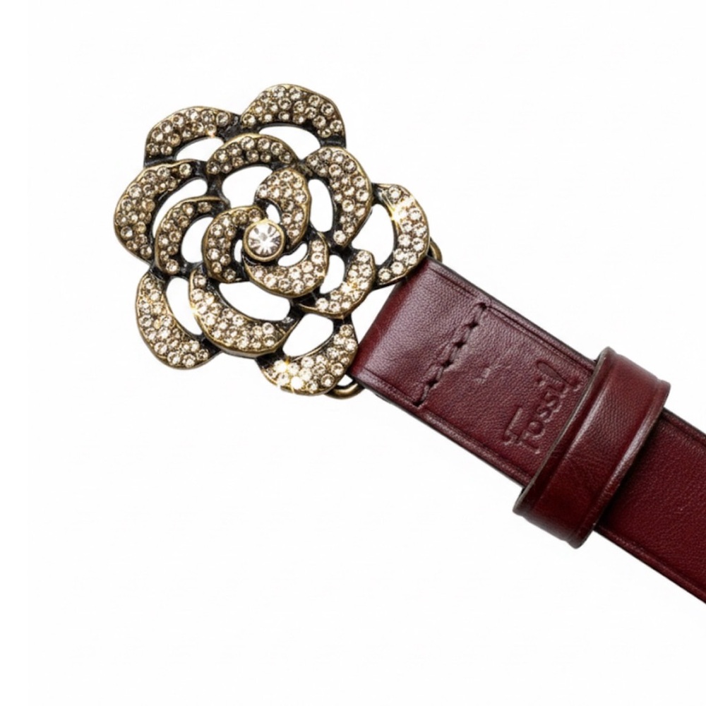 Fossil Y2K Rhinestone Rose Leather Belt | Oxblood Brown | BT3724